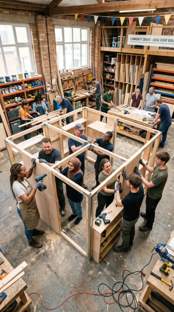 Squadra di montatori al lavoro su strutture in legno per stand fieristici