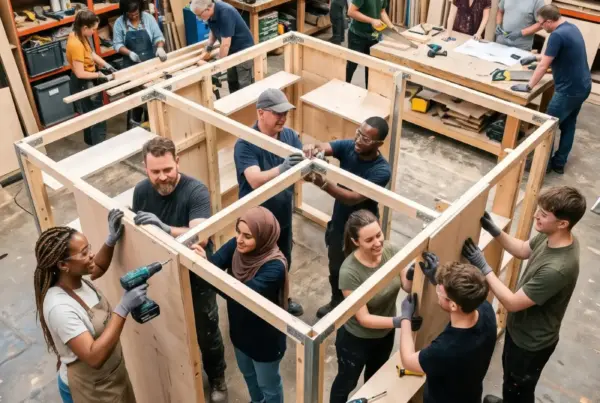Squadra di montatori al lavoro su strutture in legno per stand fieristici