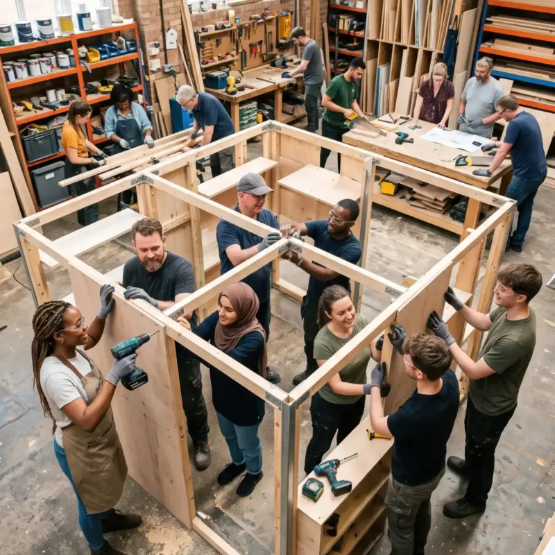 Squadra di montatori al lavoro su strutture in legno per stand fieristici