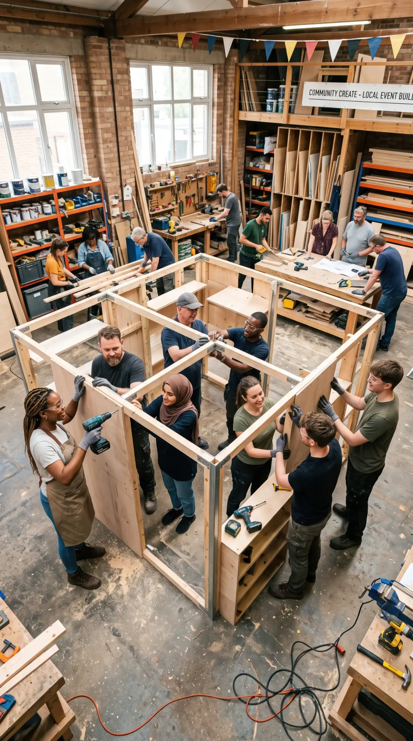 Squadra di montatori al lavoro su strutture in legno per stand fieristici